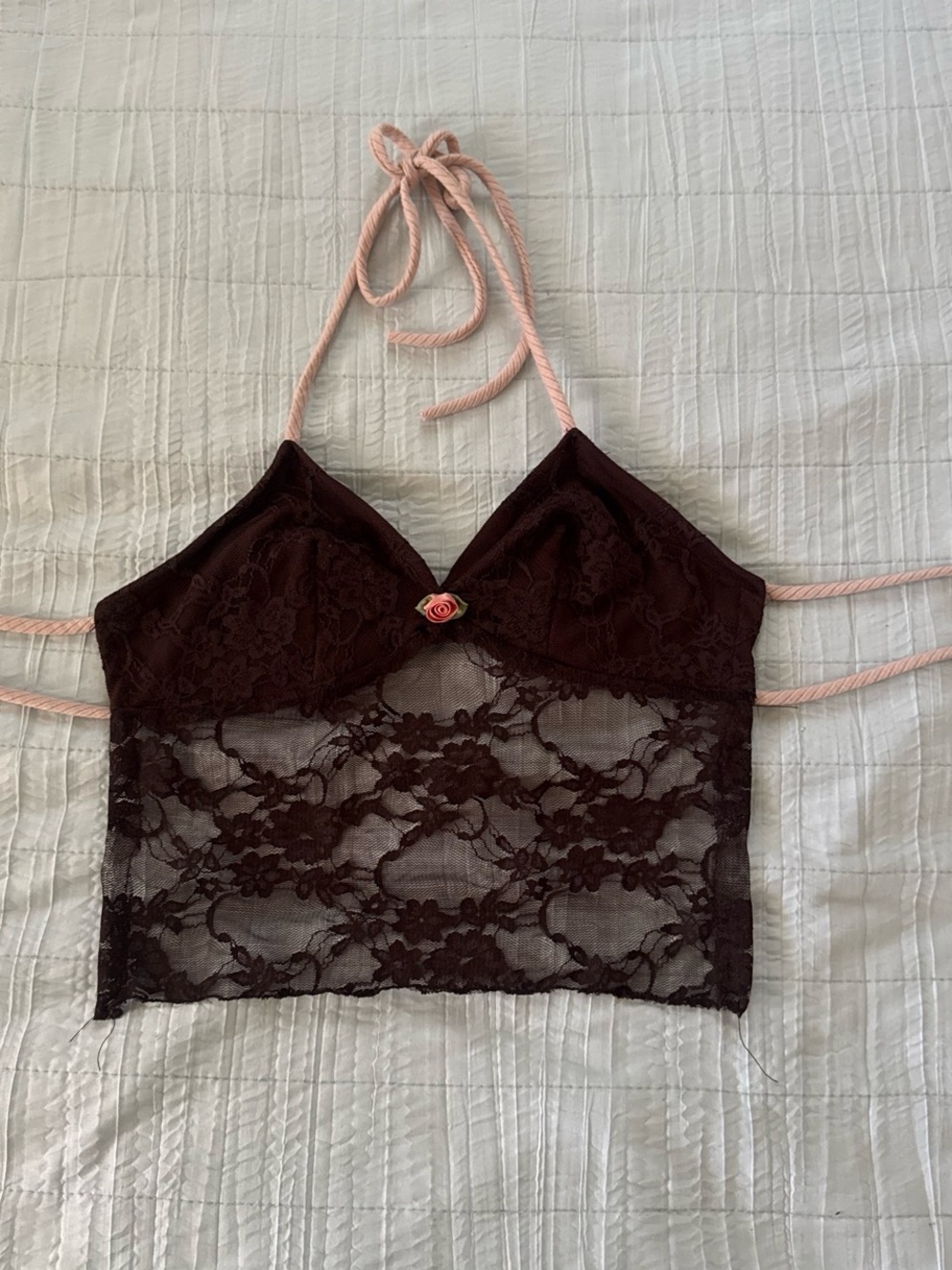 Delicate Lace Halter Bralette - Dark Brown with Pink Ties
